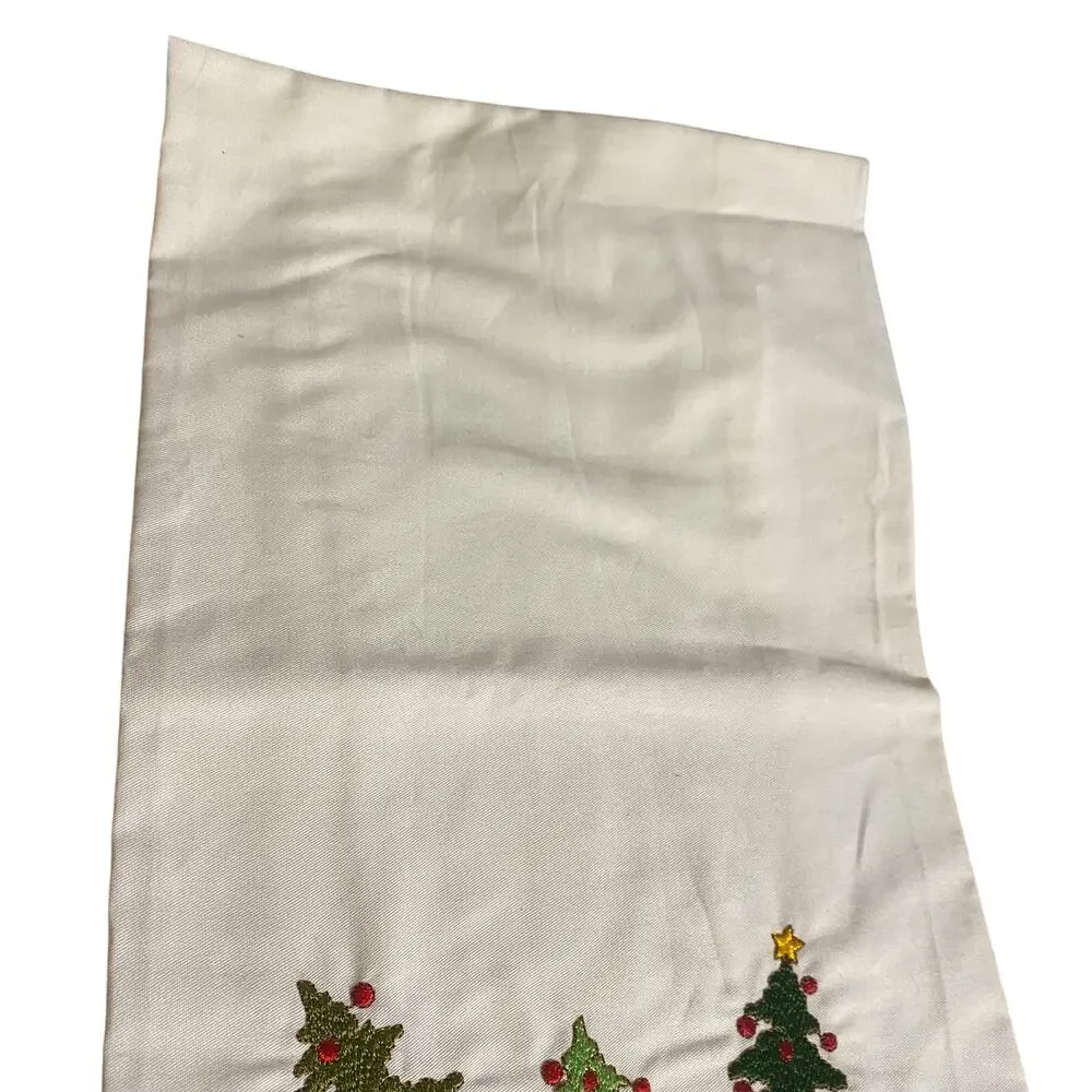 Handmade Cotton Kitchen Towel w/ Embroidered Christmas Trees & Crocheted Fringe